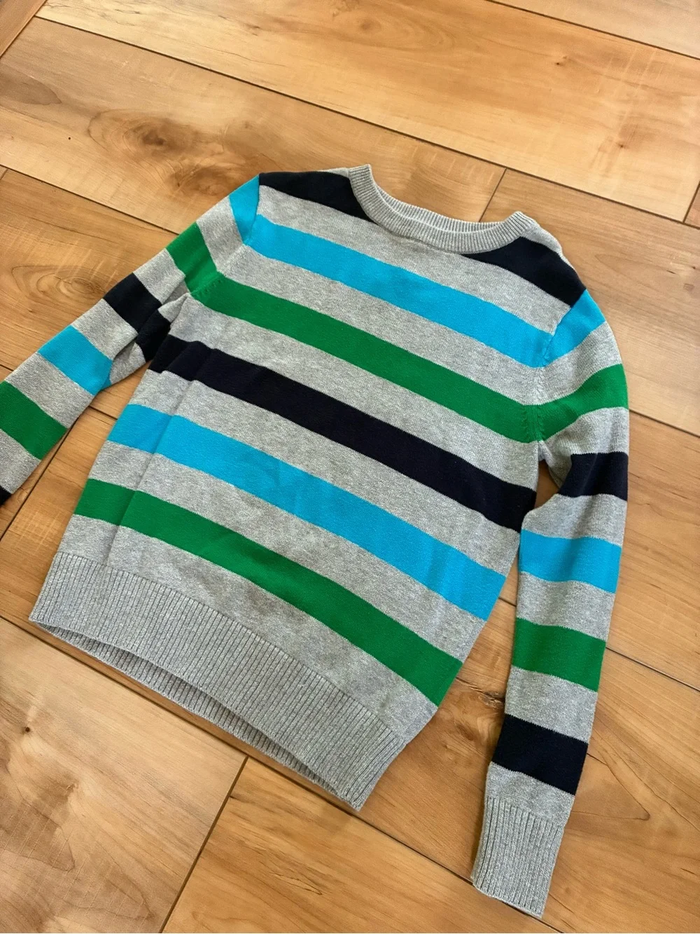 The Children's Place Gray Sweater with Blue, Green & Black Stripes